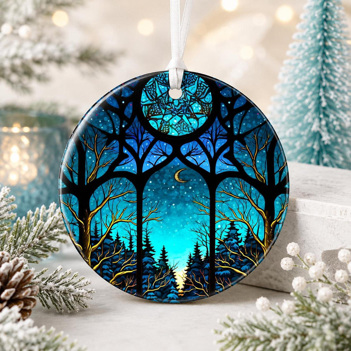 Crescent Moon Decor, Blue Woodland Ceramic Christmas Ornament