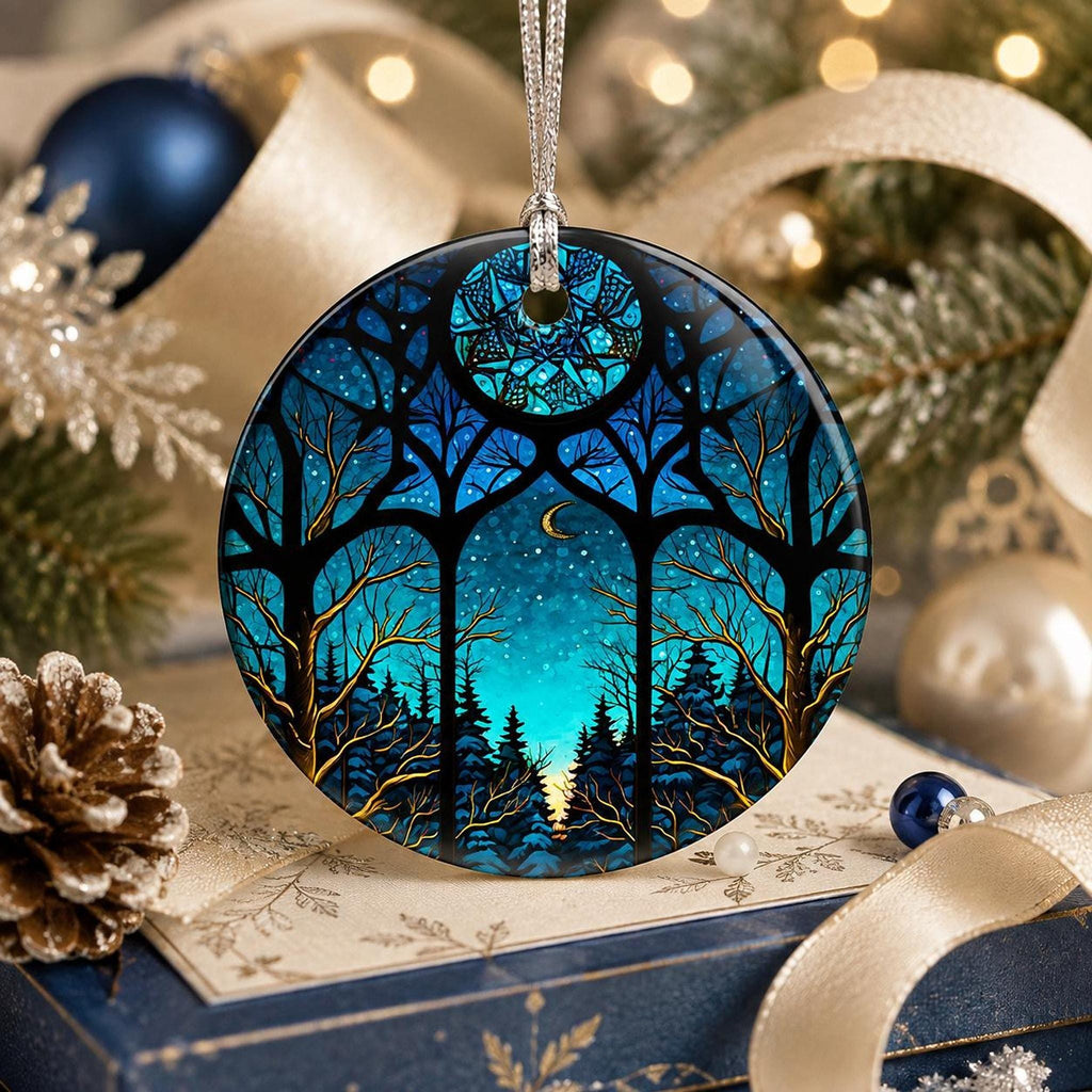 Crescent Moon Decor, Blue Woodland Ceramic Christmas Ornament