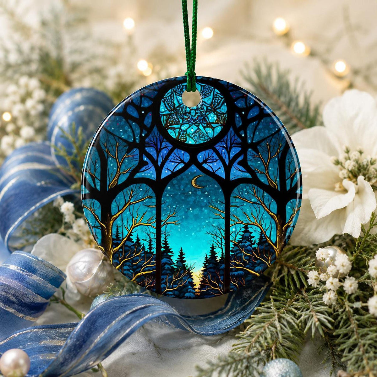 Crescent Moon Decor, Blue Woodland Ceramic Christmas Ornament