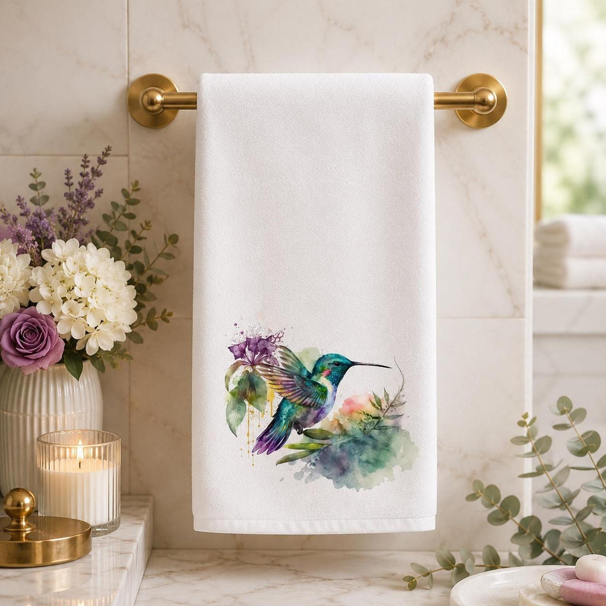 Hummingbird Hand Towel, Watercolor Bird Decor, Floral Guest Bath Accent, Nature Lover Gift