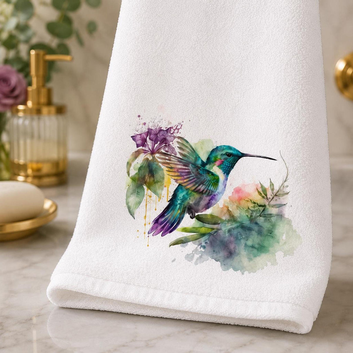 Hummingbird Hand Towel, Watercolor Bird Decor, Floral Guest Bath Accent, Nature Lover Gift