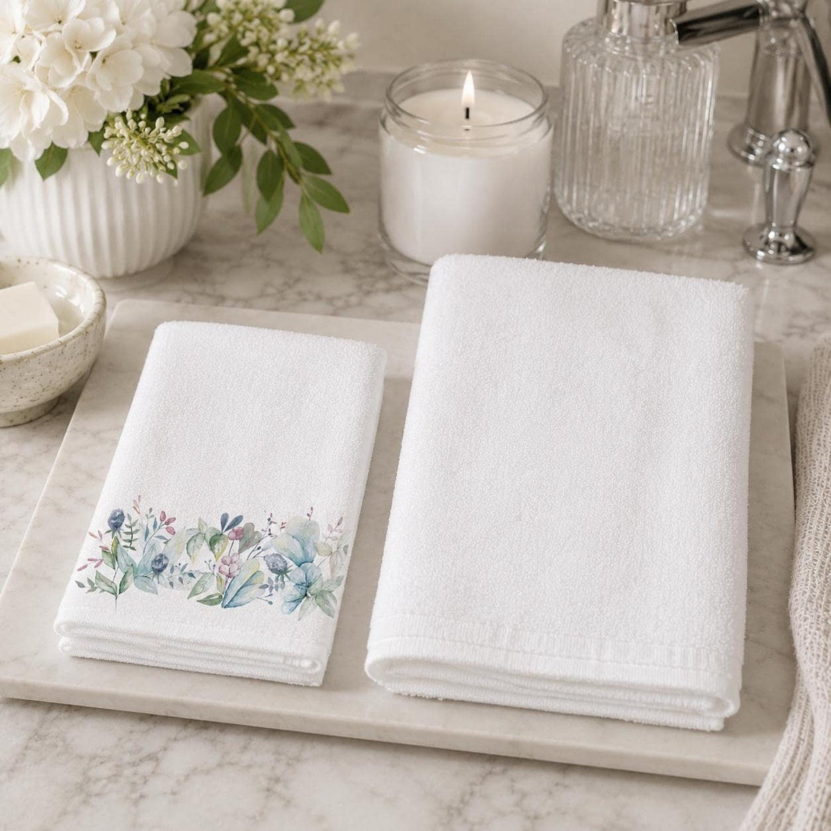 Blue Botanical Fingertip Towel, 11 x 18 Inch Cotton Terrycloth