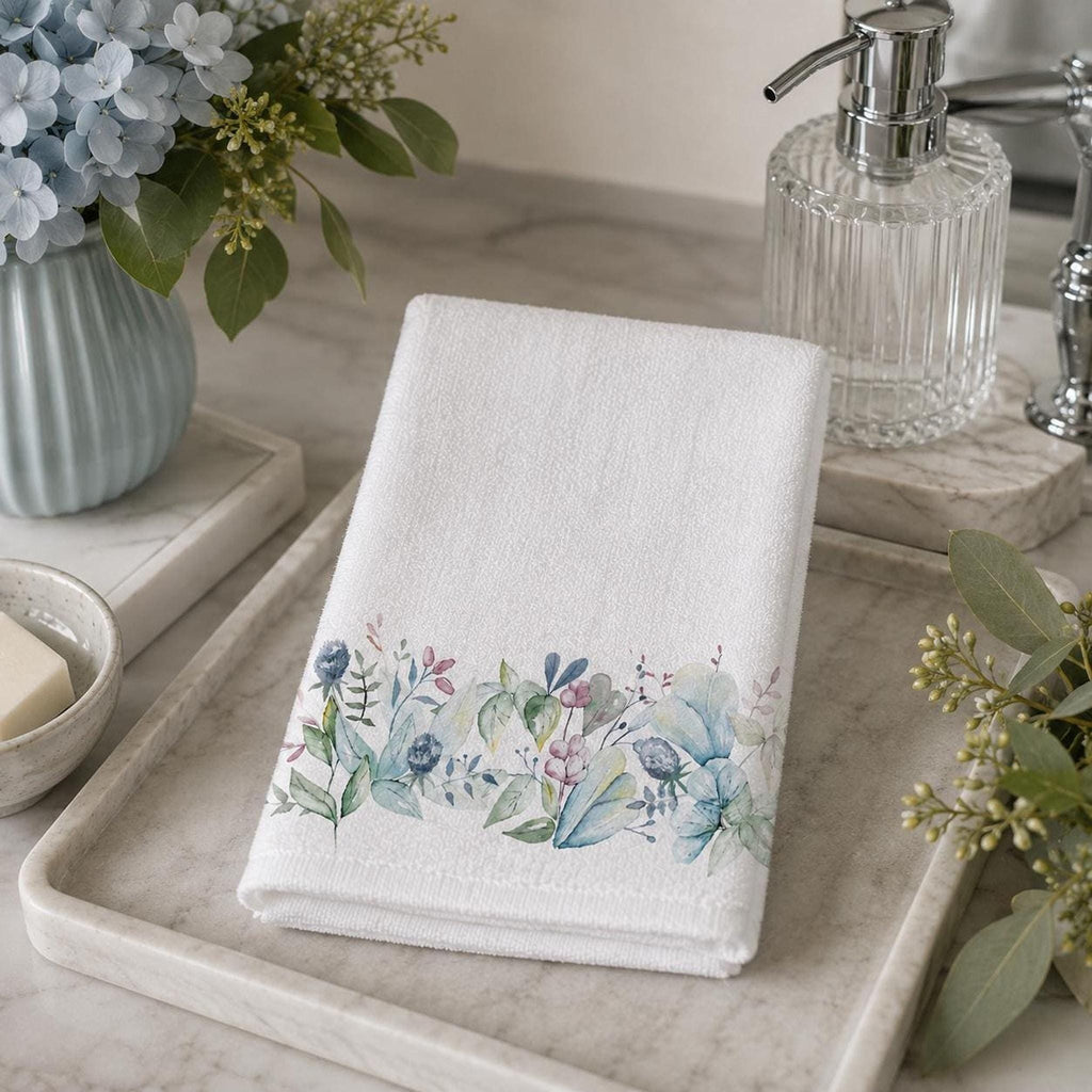 Blue Botanical Fingertip Towel, 11 x 18 Inch Cotton Terrycloth