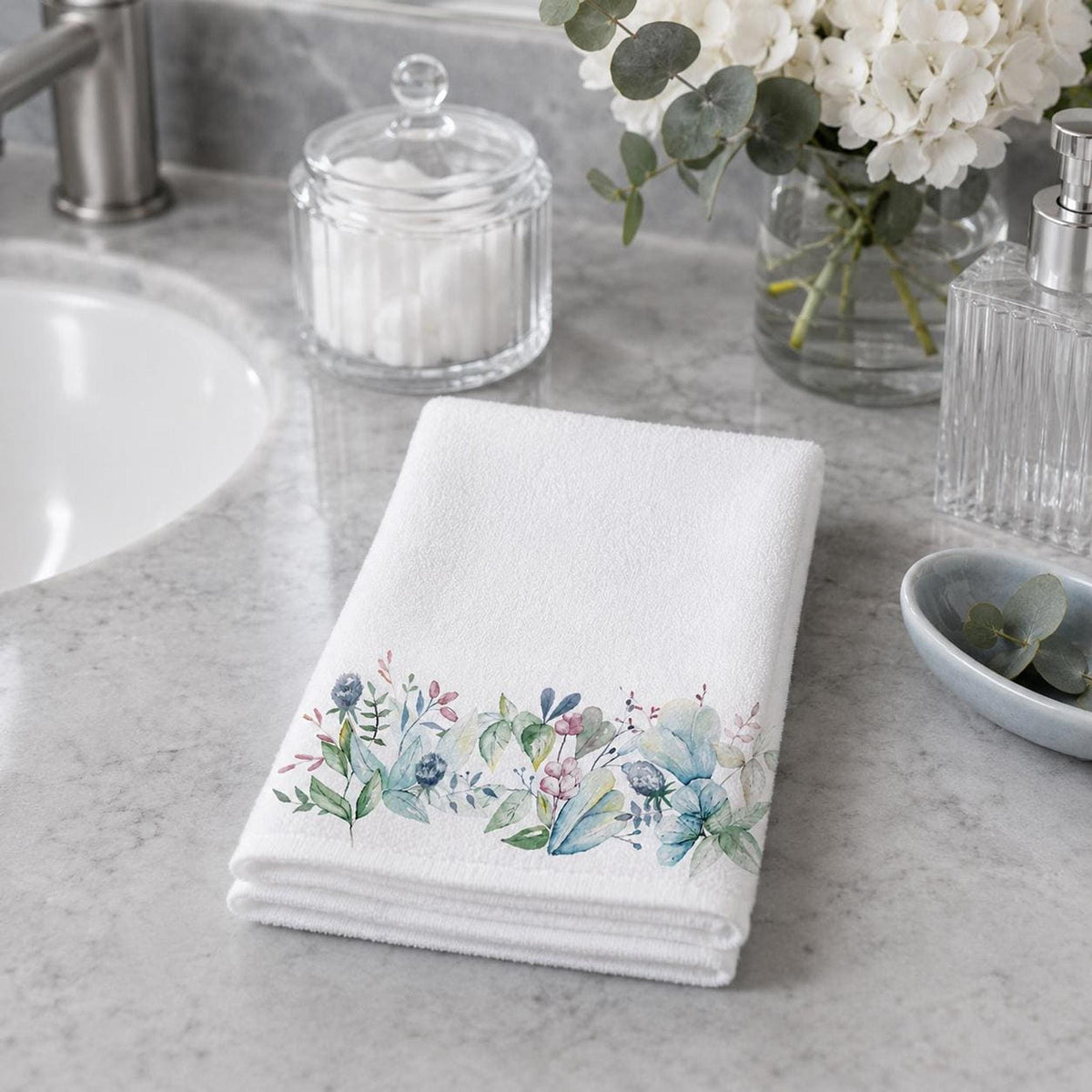 Blue Botanical Fingertip Towel, 11 x 18 Inch Cotton Terrycloth