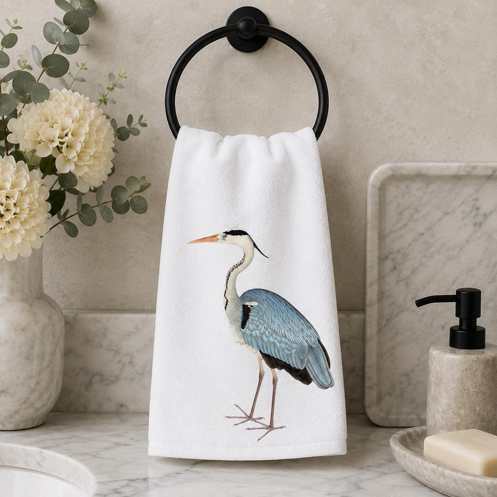 Soft Hand Towel, Blue Heron Design, 15 x 25 Inch Sheared Polyester Cotton Terrycloth