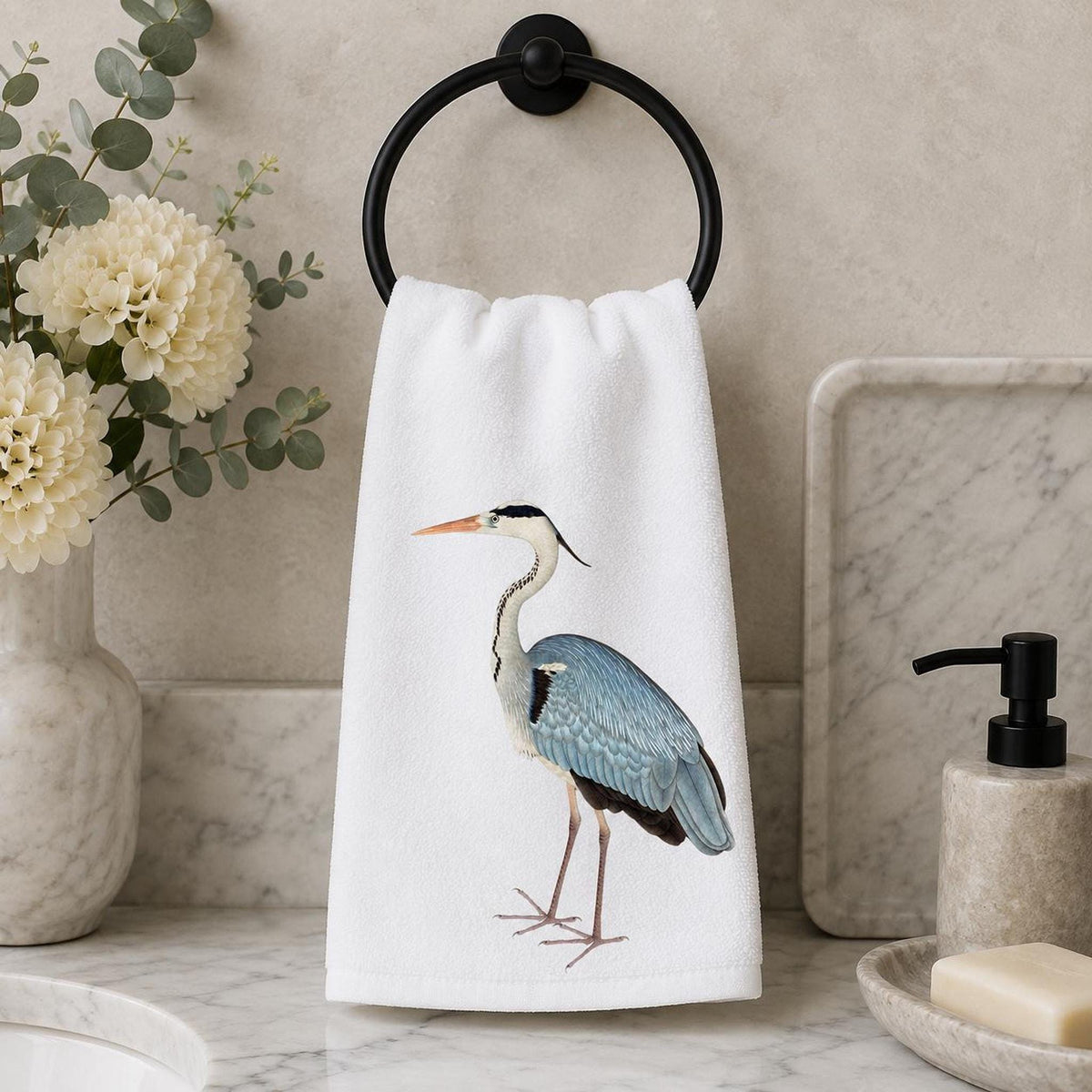 Soft Hand Towel, Blue Heron Design, 15 x 25 Inch Sheared Polyester Cotton Terrycloth