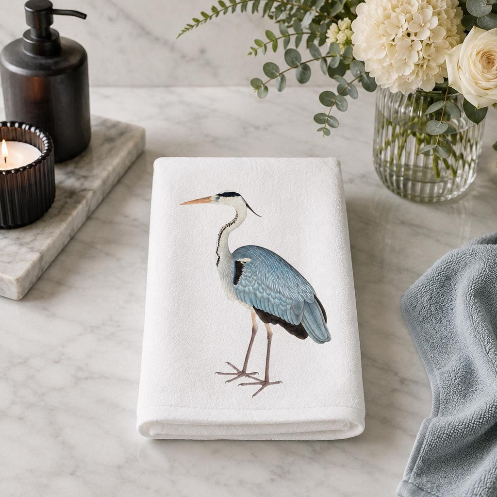 Soft Hand Towel, Blue Heron Design, 15 x 25 Inch Sheared Polyester Cotton Terrycloth