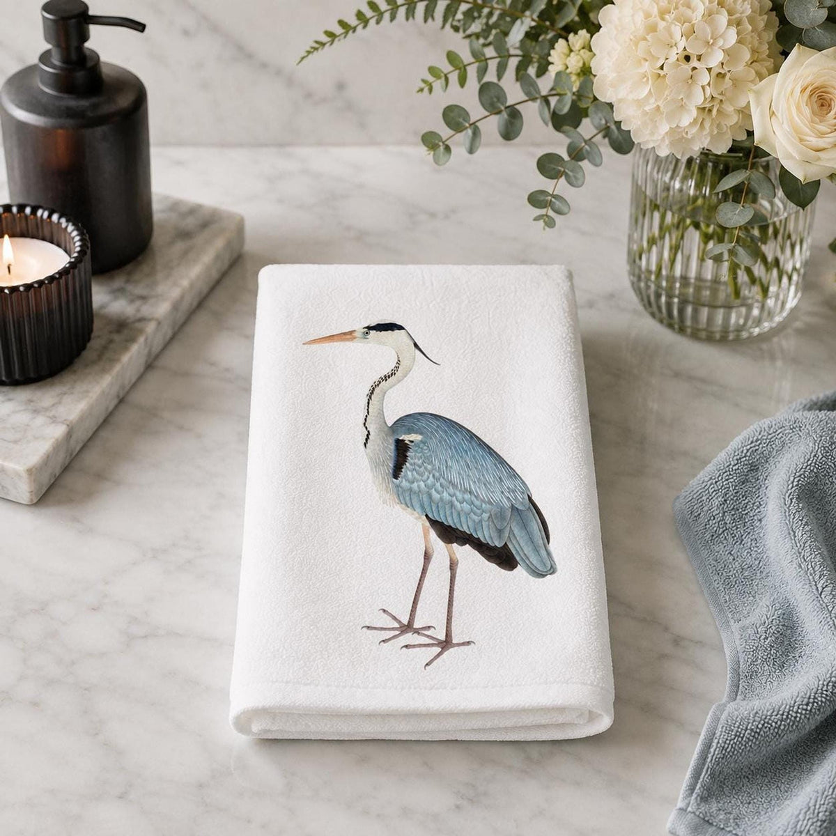 Soft Hand Towel, Blue Heron Design, 15 x 25 Inch Sheared Polyester Cotton Terrycloth