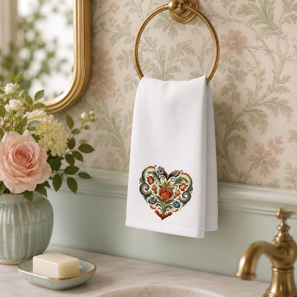 Fingertip Towel, Folk Heart Floral Design, Sheared Polyester Front, Cotton Terry Back