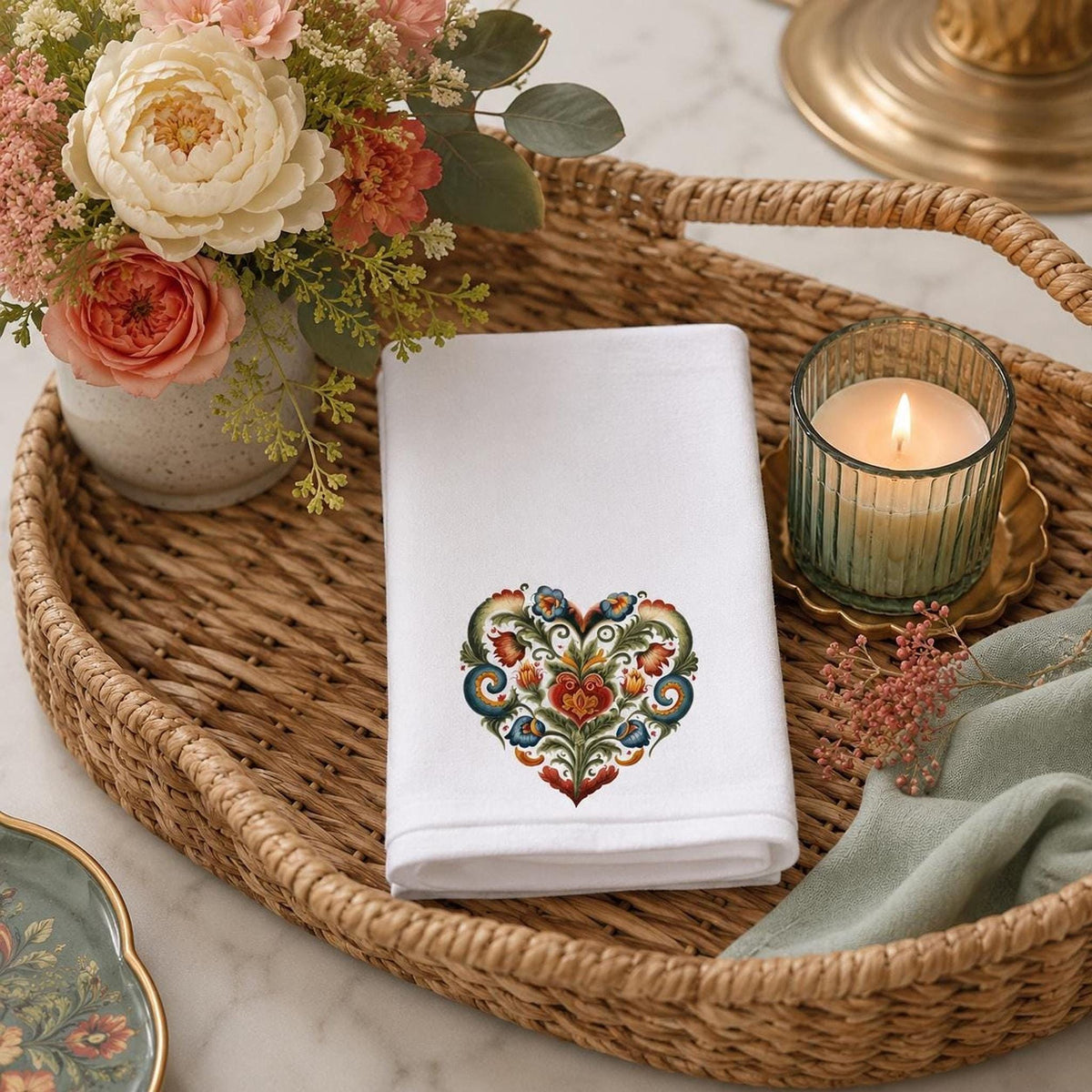 Fingertip Towel, Folk Heart Floral Design, Sheared Polyester Front, Cotton Terry Back