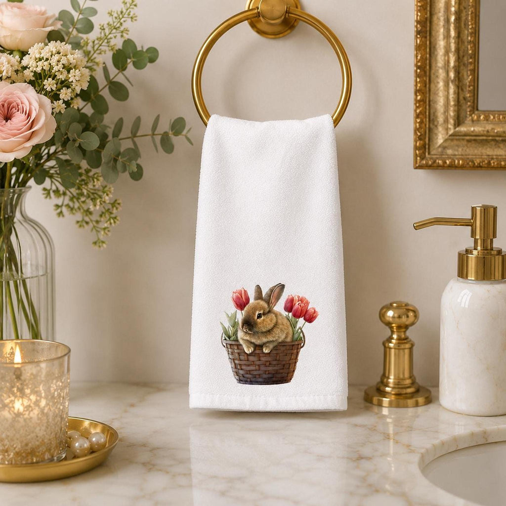 Cottage Bath White Hand Towel, Bunny Basket And Tulip Artwork
