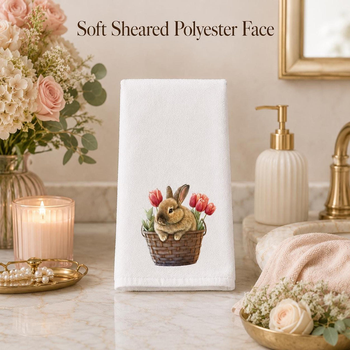 Cottage Bath White Hand Towel, Bunny Basket And Tulip Artwork