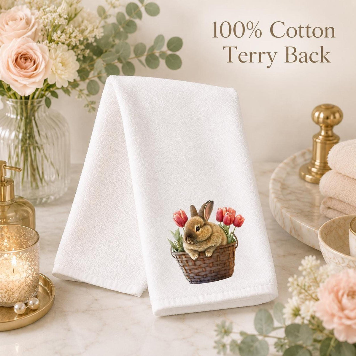 Cottage Bath White Hand Towel, Bunny Basket And Tulip Artwork
