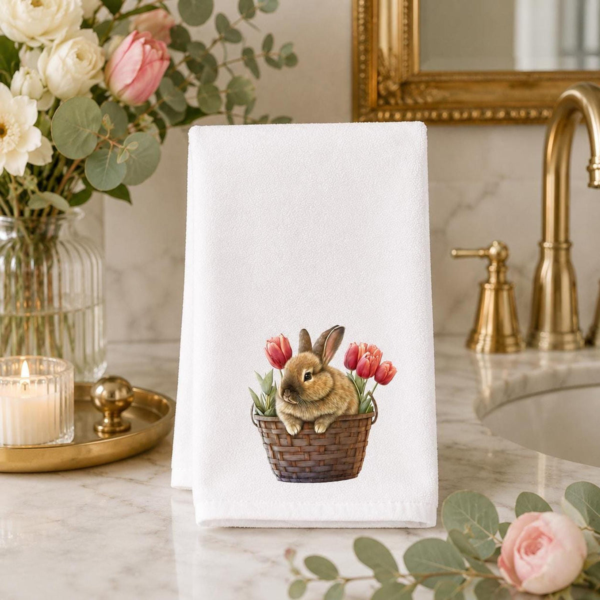 Cottage Bath White Hand Towel, Bunny Basket And Tulip Artwork