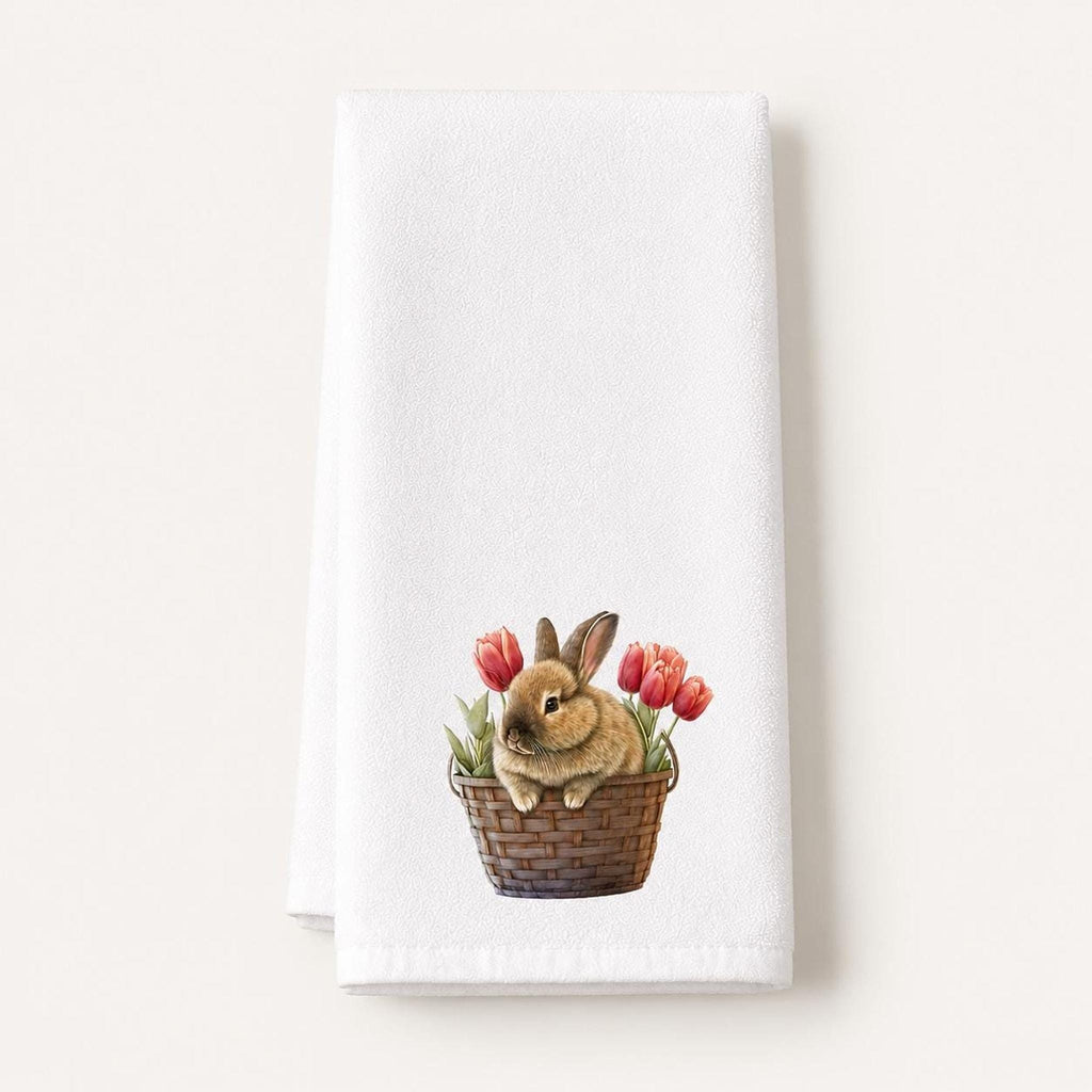 Cottage Bath White Hand Towel, Bunny Basket And Tulip Artwork