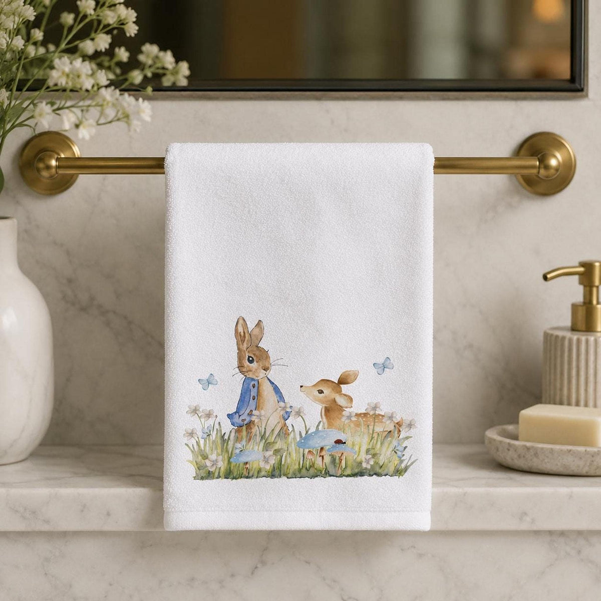 Fingertip Towel, 11 X 18 Inch Polyester Face with Woodland Bath Design