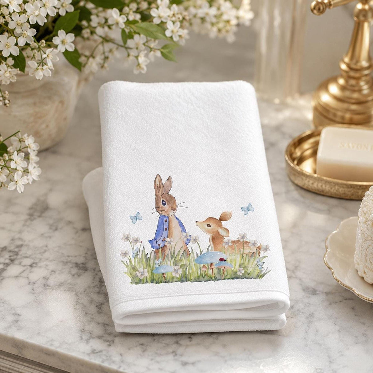 Fingertip Towel, 11 X 18 Inch Polyester Face with Woodland Bath Design