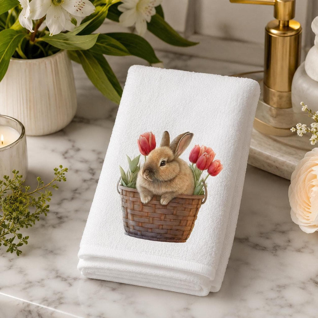 Bunny Fingertip Towel, Spring Tulip Decor, Easter Guest Bath Accent, Rabbit Lover Gift