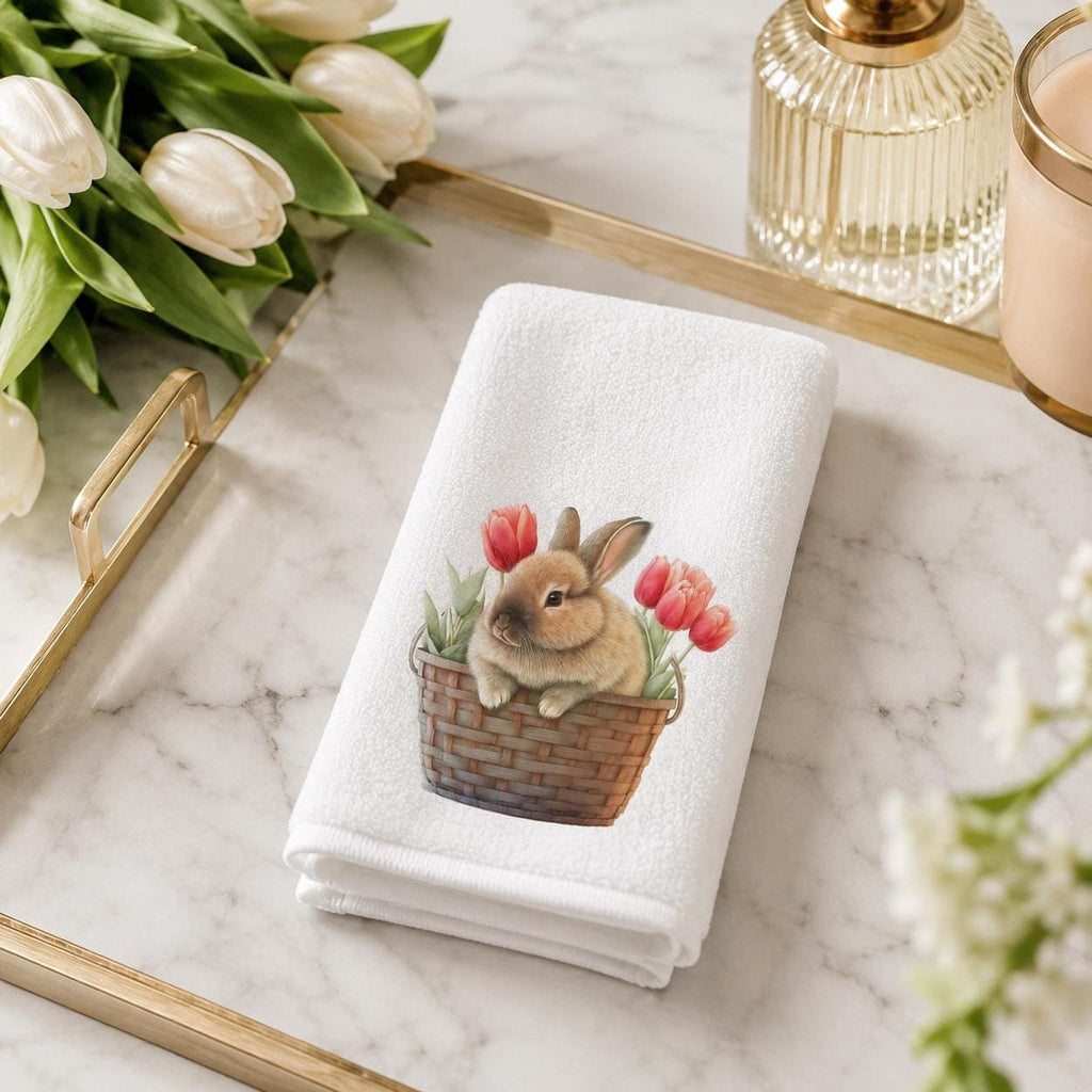 Bunny Fingertip Towel, Spring Tulip Decor, Easter Guest Bath Accent, Rabbit Lover Gift