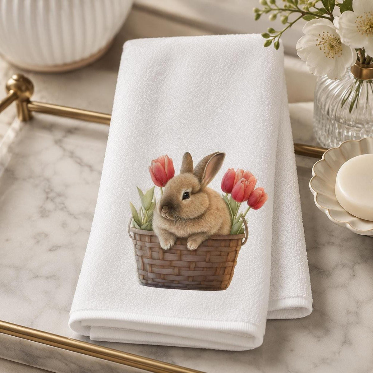 Bunny Fingertip Towel, Spring Tulip Decor, Easter Guest Bath Accent, Rabbit Lover Gift