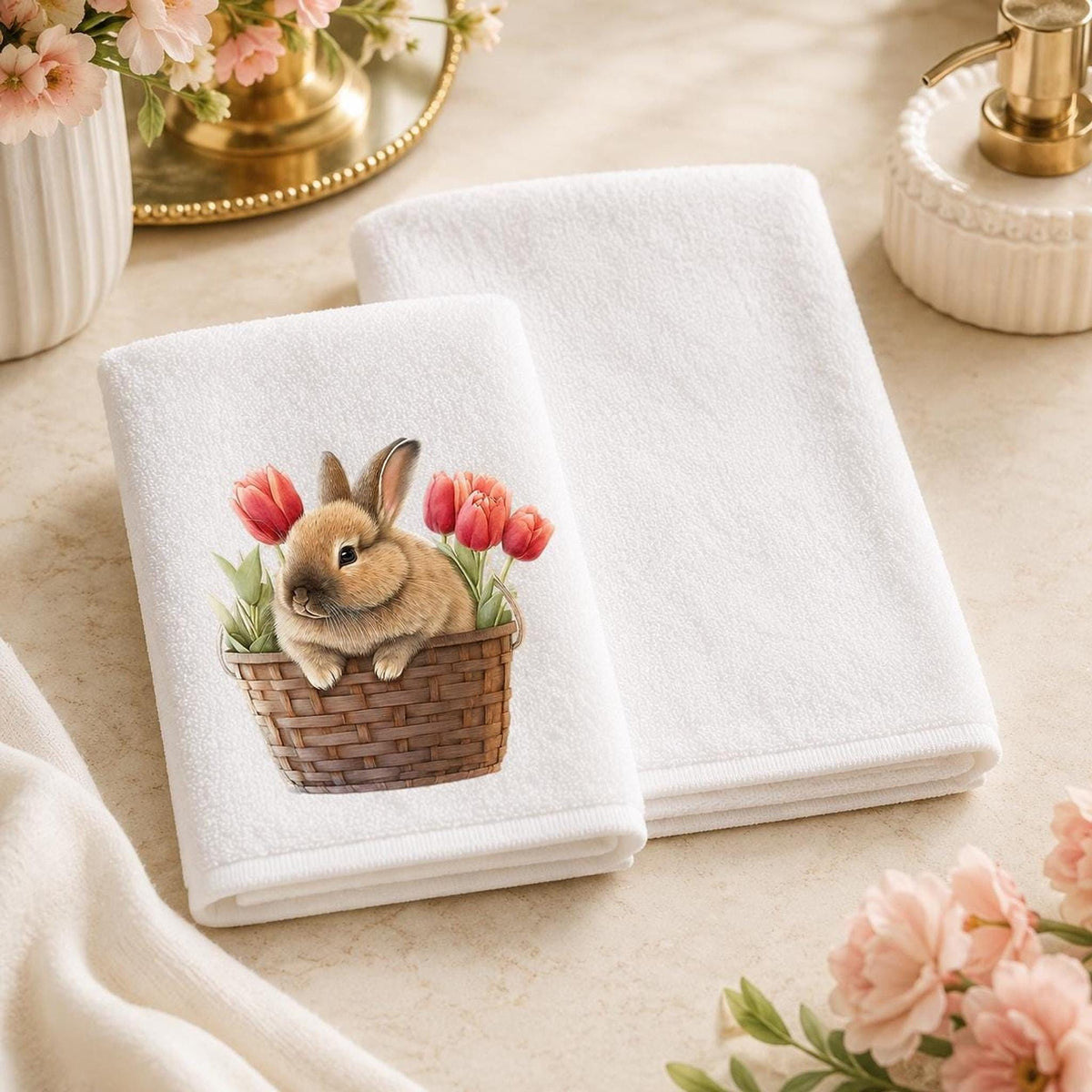 Bunny Fingertip Towel, Spring Tulip Decor, Easter Guest Bath Accent, Rabbit Lover Gift