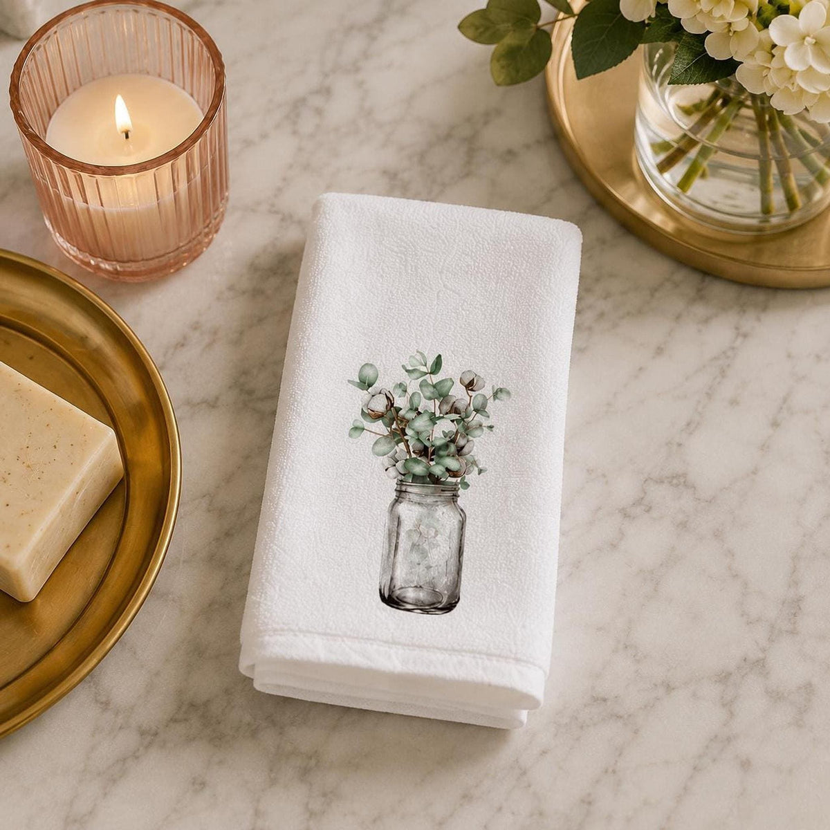 Fingertip Towel, White Botanical Accent with Cotton Terrycloth Back