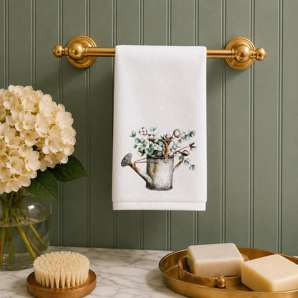 Fingertip Towel, White Botanical Accent with Cotton Terrycloth Back