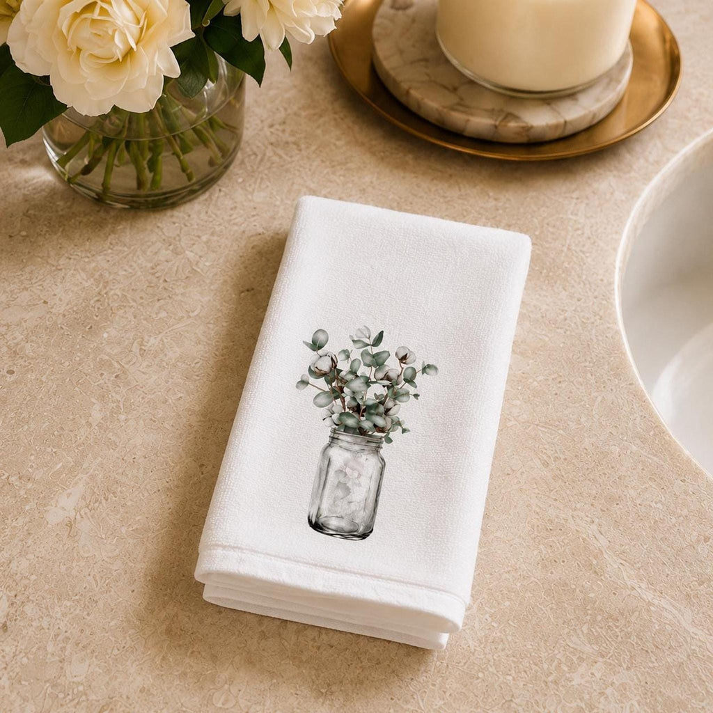 Fingertip Towel, White Botanical Accent with Cotton Terrycloth Back