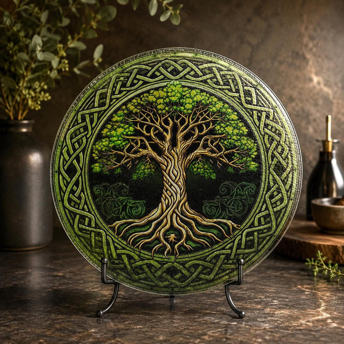 Glass Cutting Board, Round Tempered Celtic Tree Of Life Design
