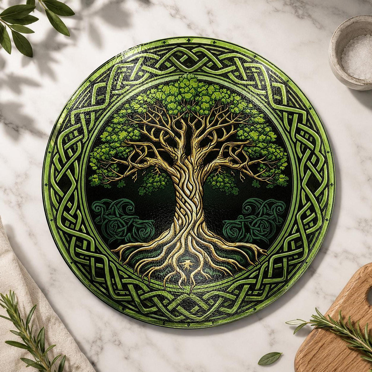Glass Cutting Board, Round Tempered Celtic Tree Of Life Design