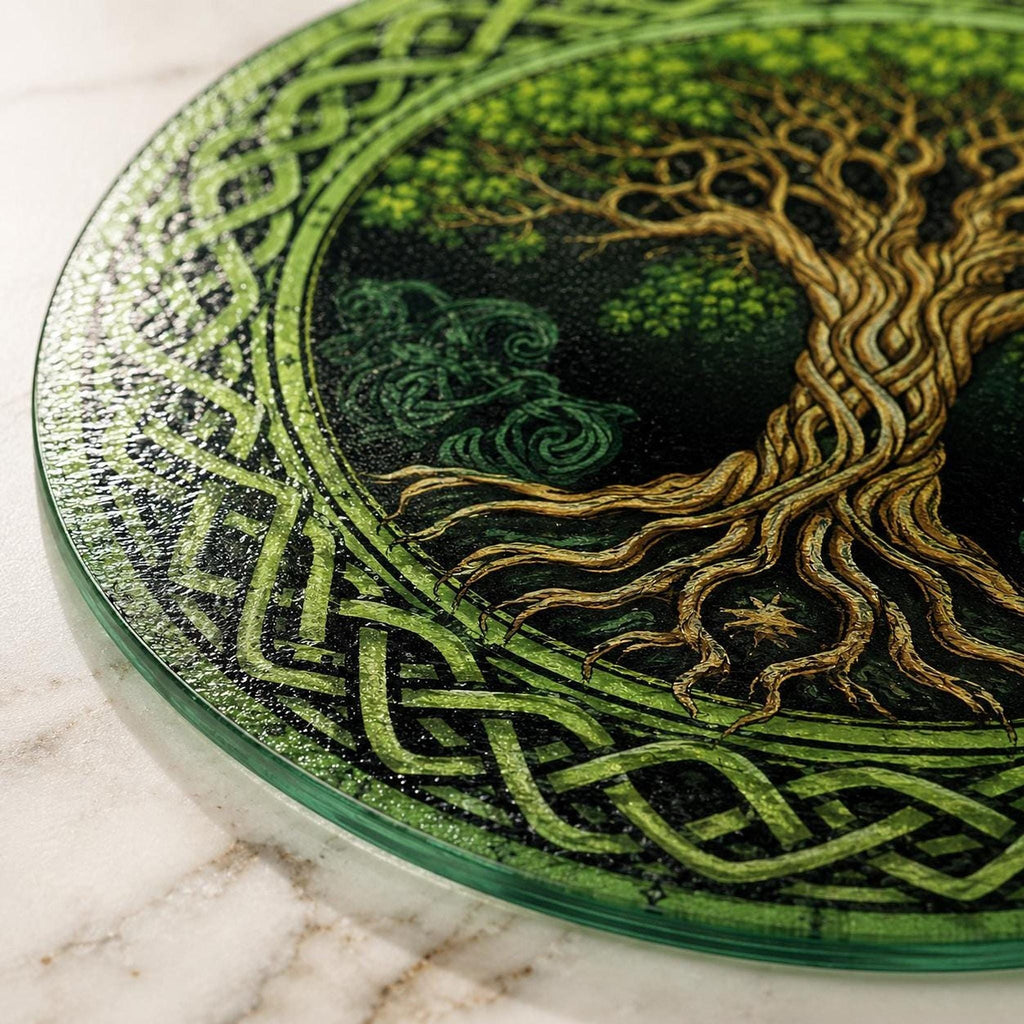 Glass Cutting Board, Round Tempered Celtic Tree Of Life Design