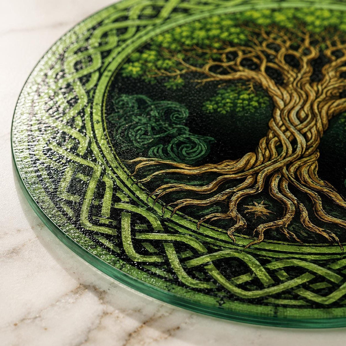 Glass Cutting Board, Round Tempered Celtic Tree Of Life Design