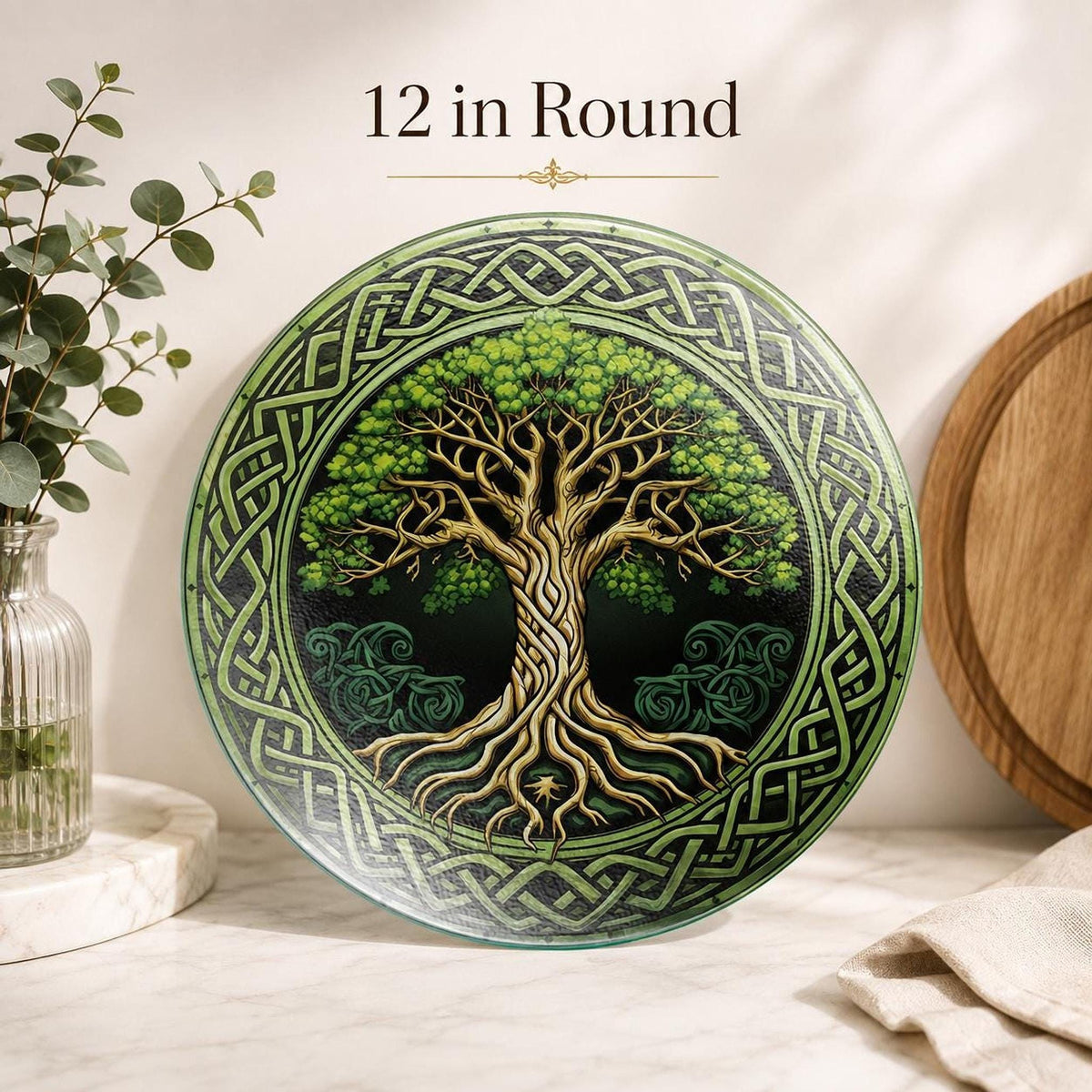 Glass Cutting Board, Round Tempered Celtic Tree Of Life Design