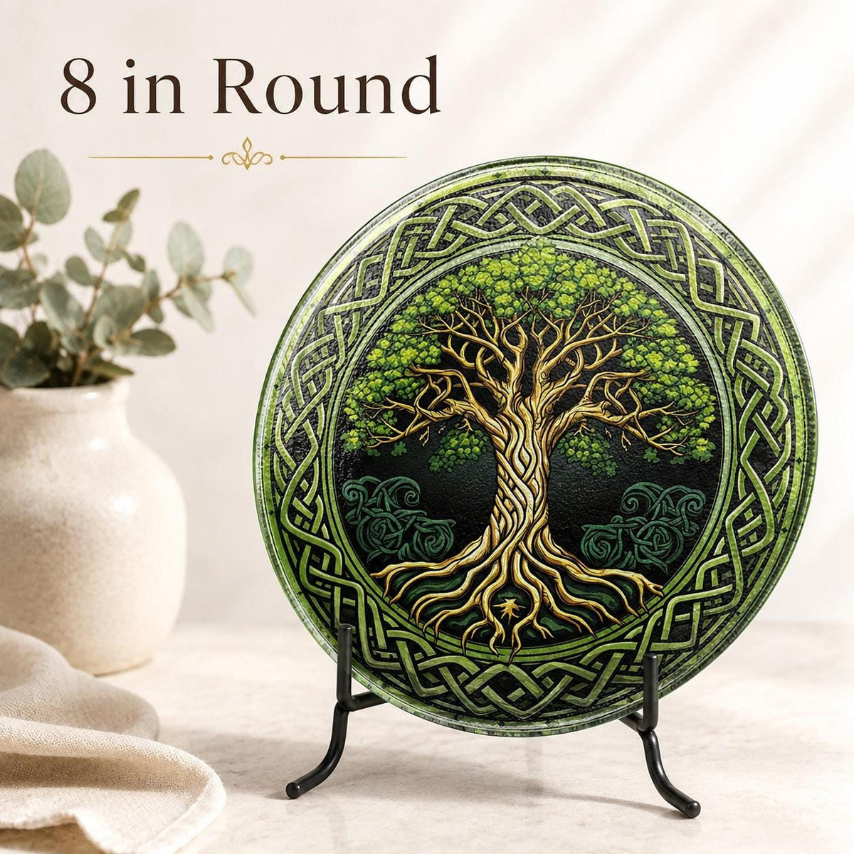 Glass Cutting Board, Round Tempered Celtic Tree Of Life Design