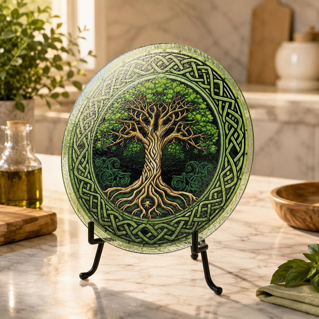 Glass Cutting Board, Round Tempered Celtic Tree Of Life Design