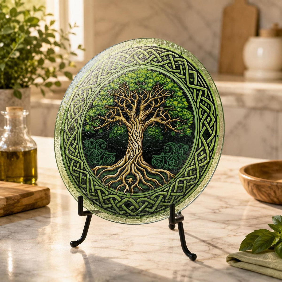 Glass Cutting Board, Round Tempered Celtic Tree Of Life Design