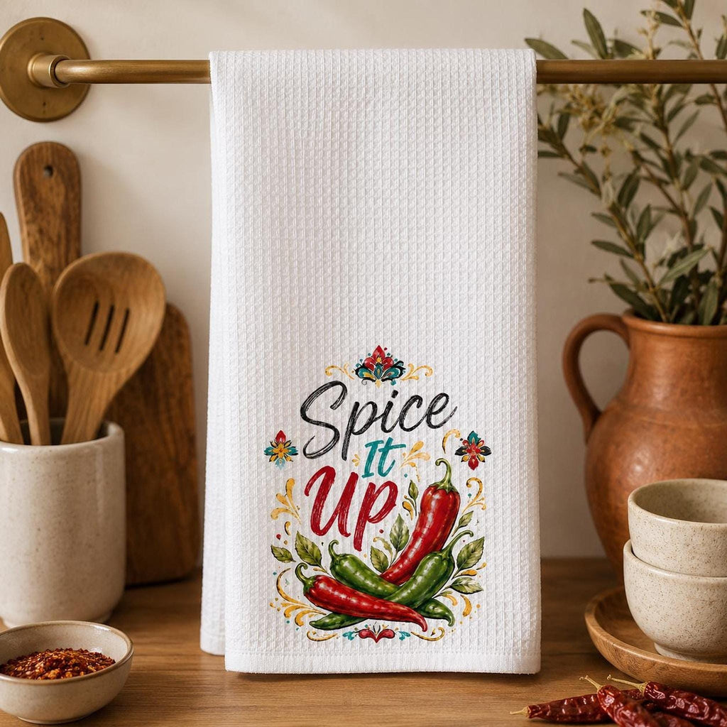 Kitchen Towel, White Waffle Weave with Chili Pepper Artwork