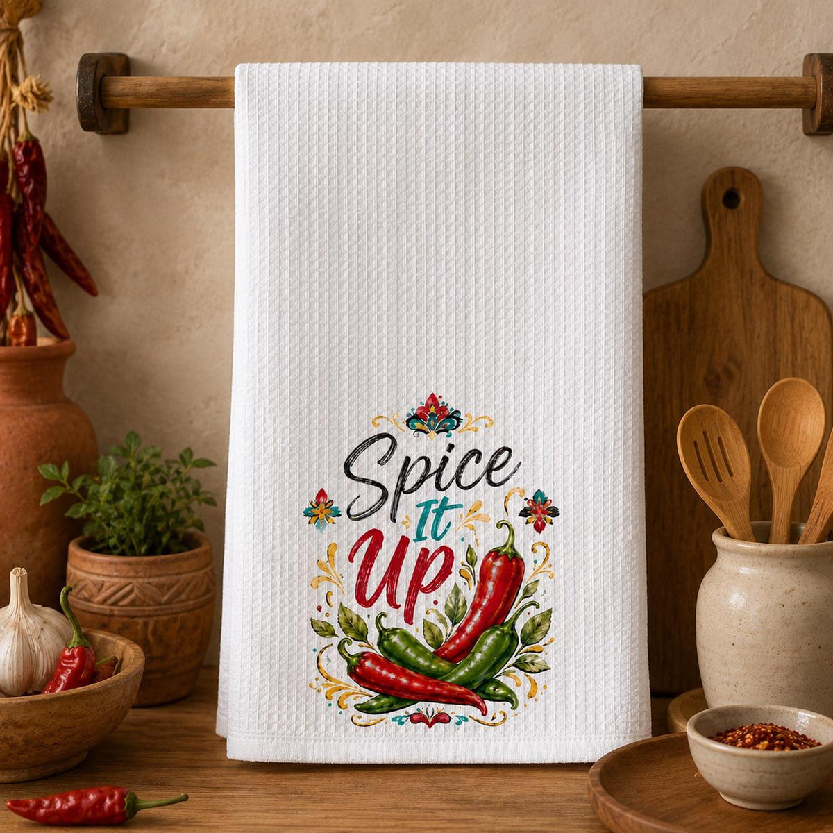 Kitchen Towel, White Waffle Weave with Chili Pepper Artwork