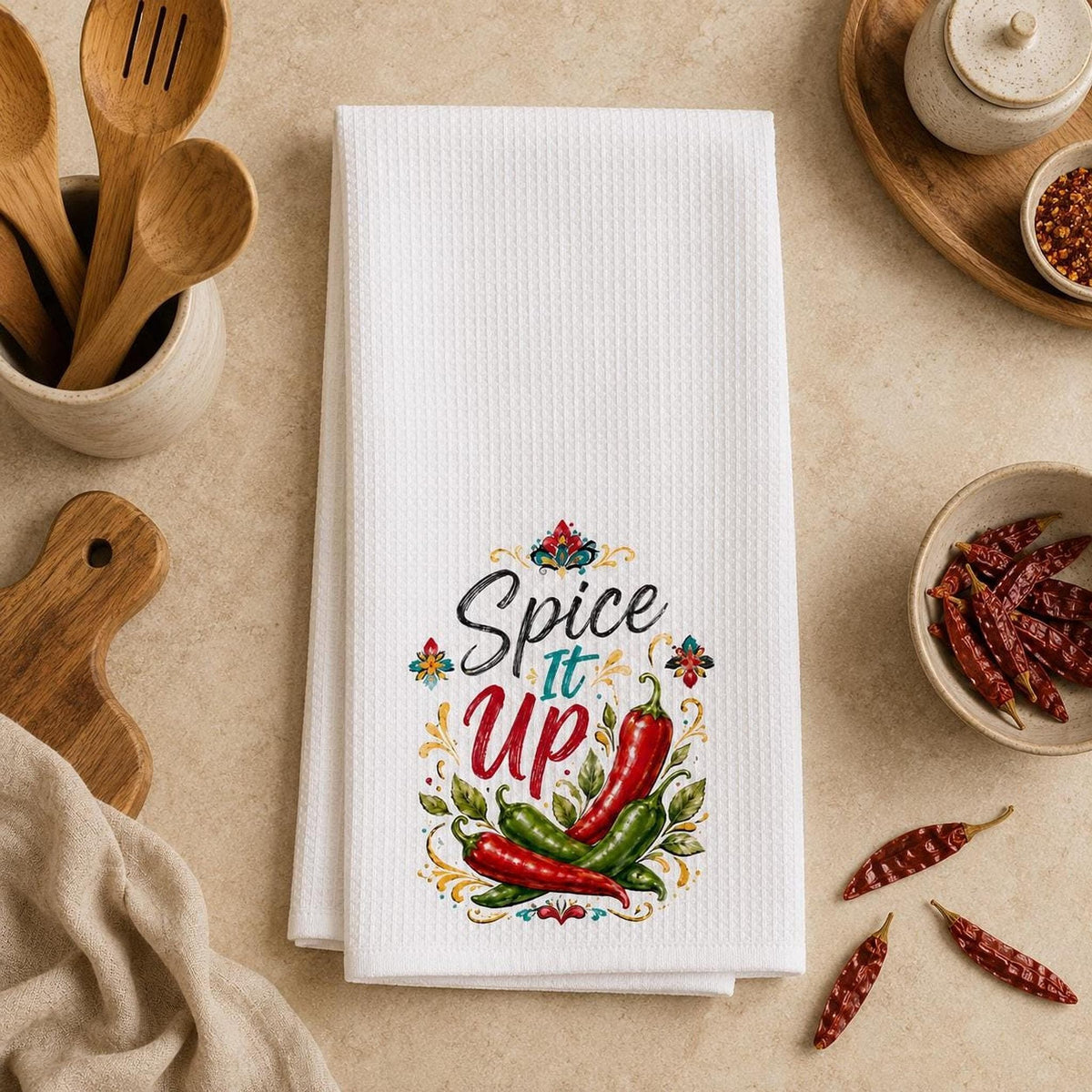 Kitchen Towel, White Waffle Weave with Chili Pepper Artwork