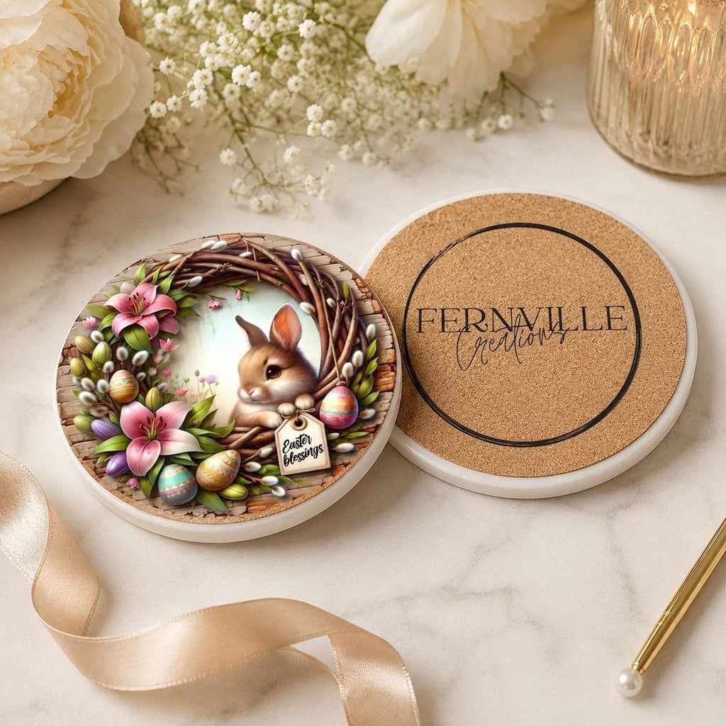 Easter Coaster, Ceramic Bunny Decor with Floral Wreath and Cork Backing