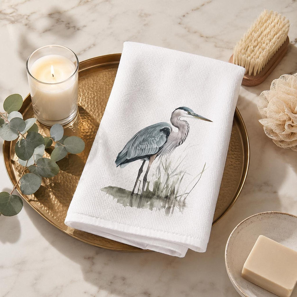 Cotton Bath Towel, Blue Heron Design, 15 x 25 Inch, White Terrycloth