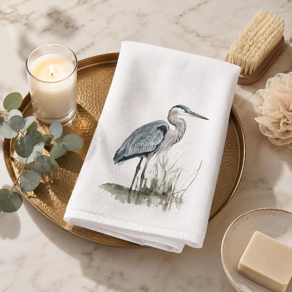 Cotton Bath Towel, Blue Heron Design, 15 x 25 Inch, White Terrycloth