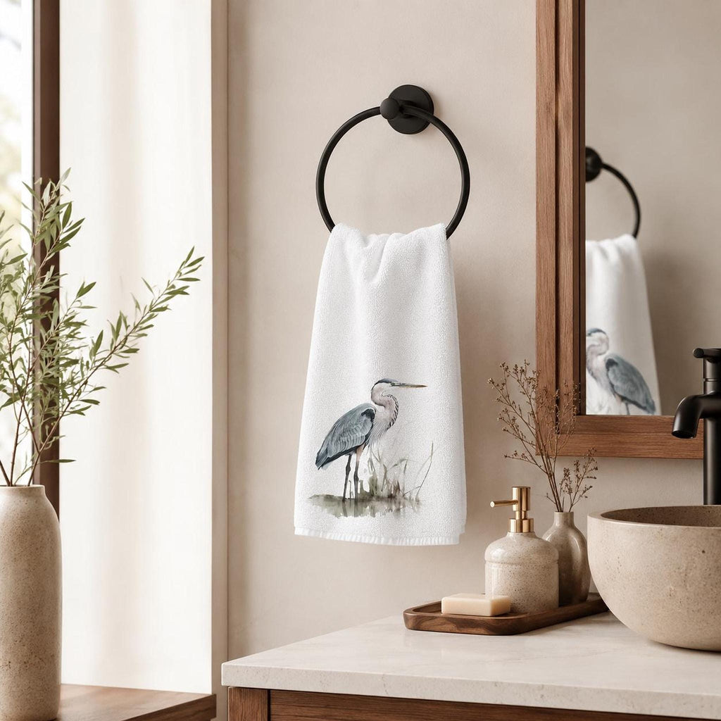 Cotton Bath Towel, Blue Heron Design, 15 x 25 Inch, White Terrycloth