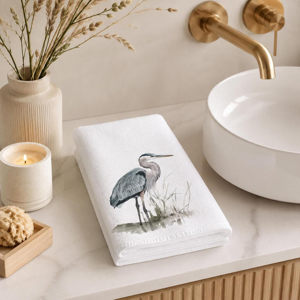 Cotton Bath Towel, Blue Heron Design, 15 x 25 Inch, White Terrycloth
