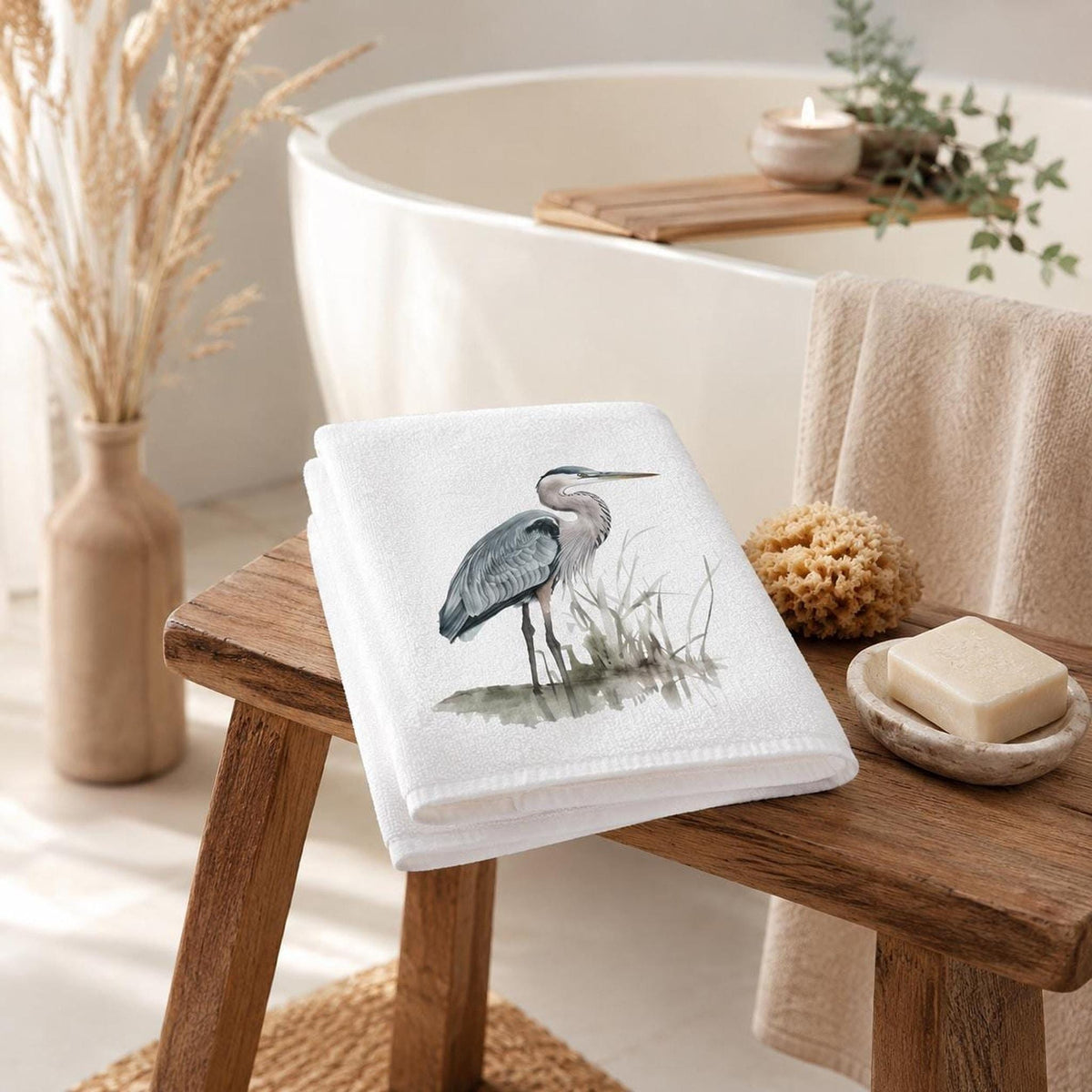 Cotton Bath Towel, Blue Heron Design, 15 x 25 Inch, White Terrycloth