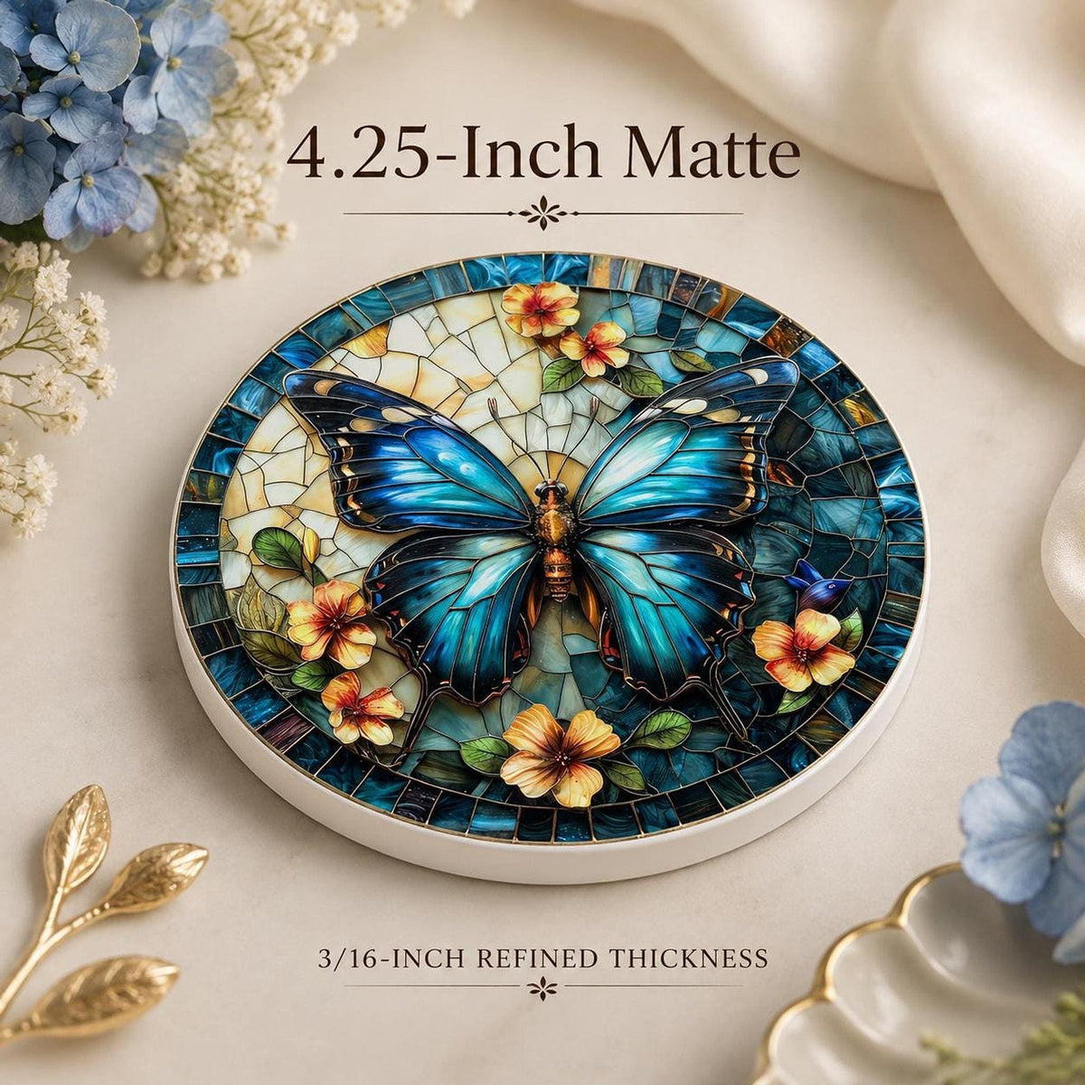 Blue Butterfly Ceramic Coaster, Stained Glass Floral Decor, Nature Lover Gift, Botanical Home Accent
