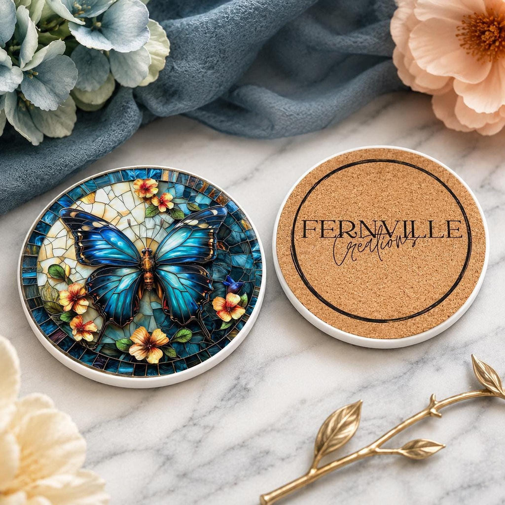 Blue Butterfly Ceramic Coaster, Stained Glass Floral Decor, Nature Lover Gift, Botanical Home Accent