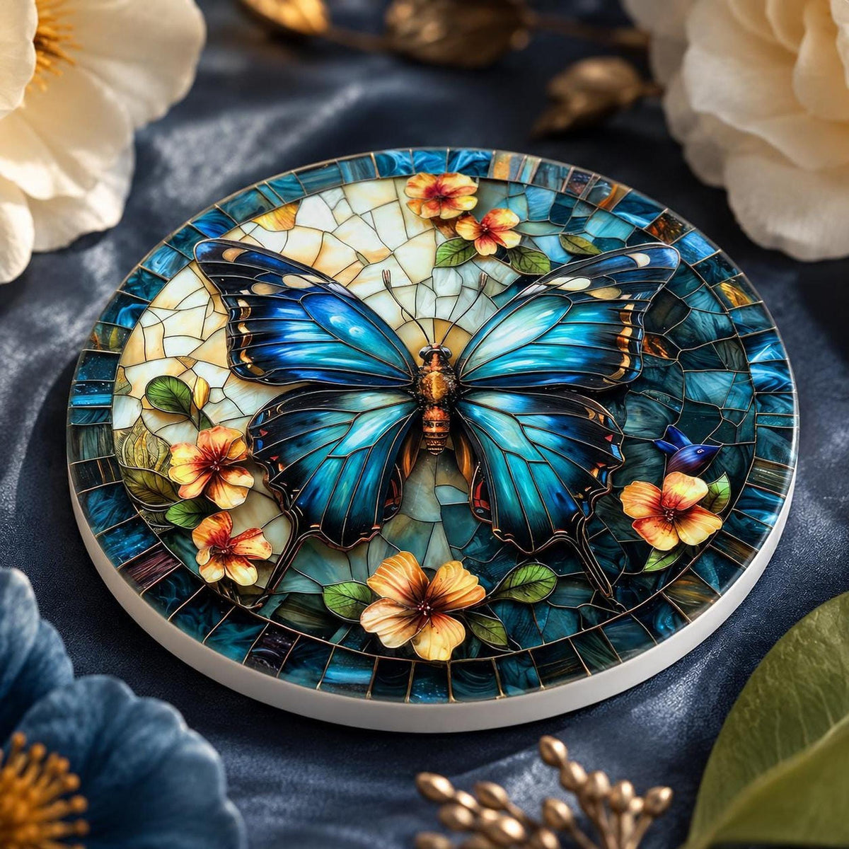 Blue Butterfly Ceramic Coaster, Stained Glass Floral Decor, Nature Lover Gift, Botanical Home Accent