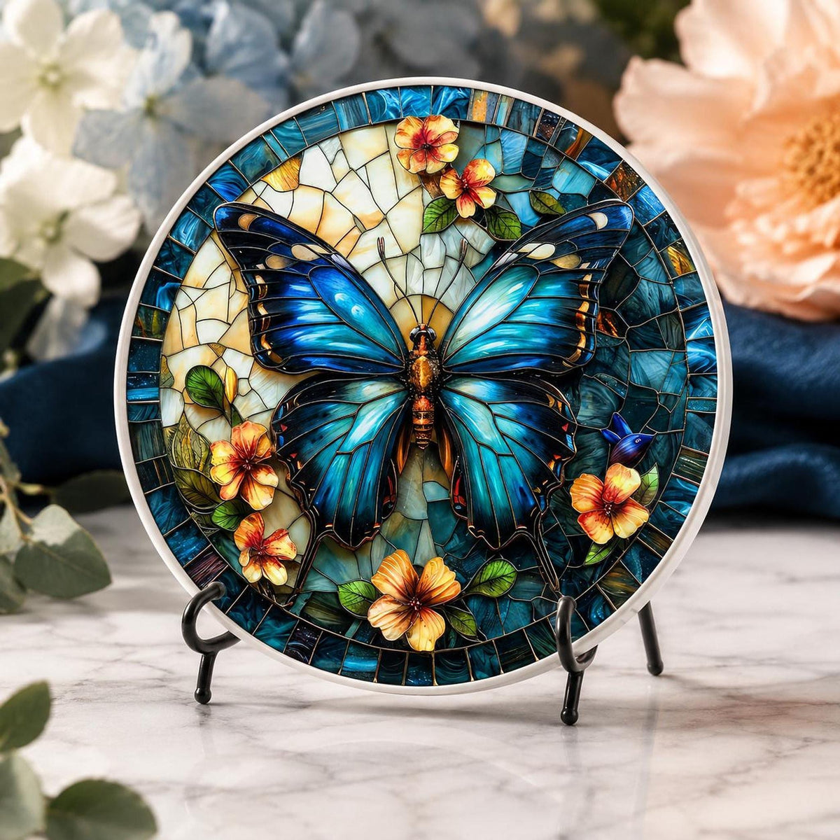 Blue Butterfly Ceramic Coaster, Stained Glass Floral Decor, Nature Lover Gift, Botanical Home Accent