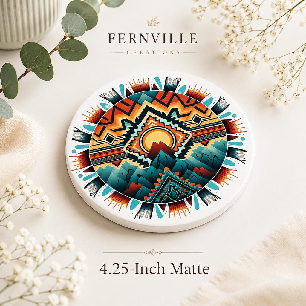 Southwestern Mountain Ceramic Coaster, Boho Desert Decor, Geometric Drink Coaster, Nature Lover Gift